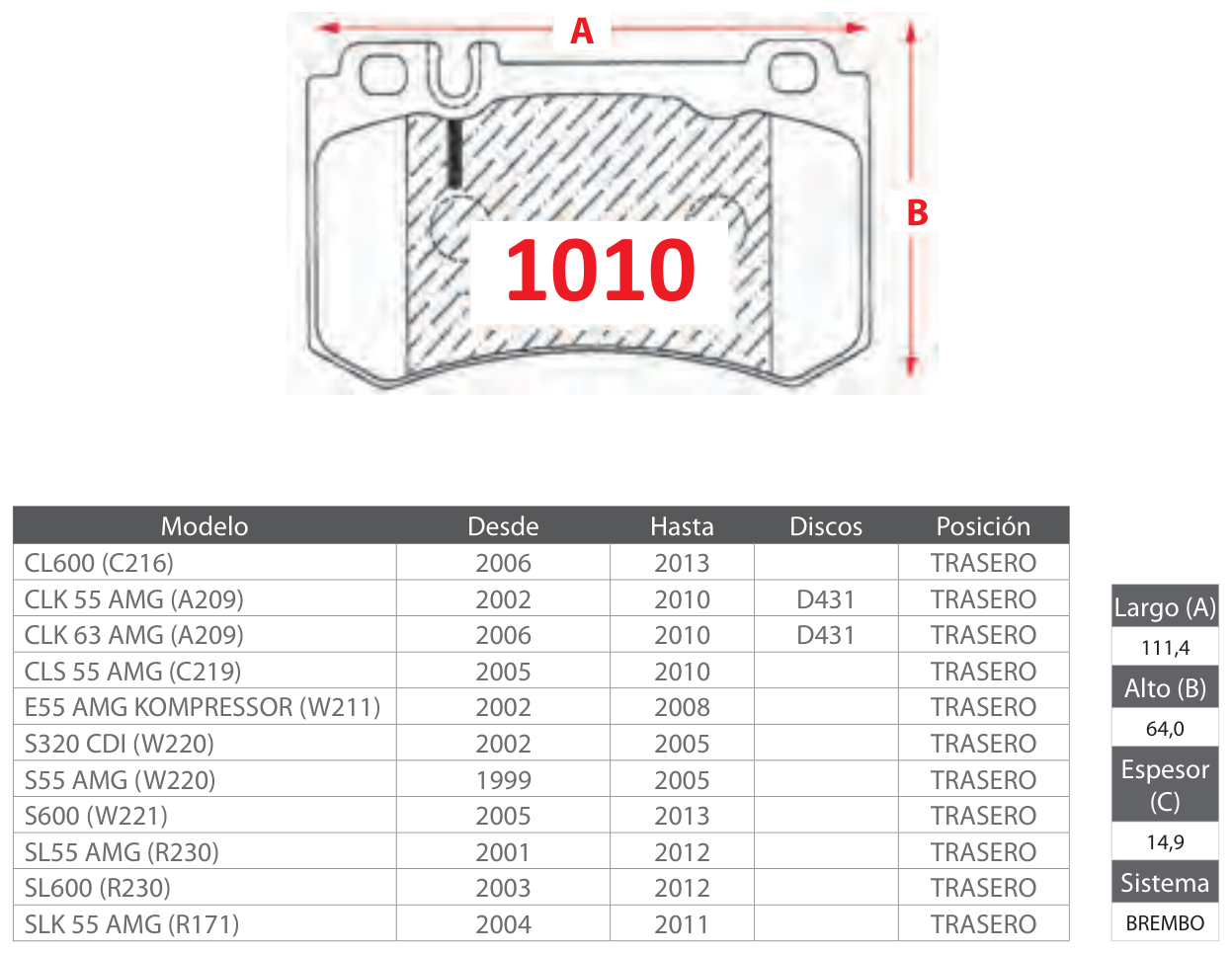 plano_1010_gtx Pastillas de Freno Traseras Mercedes Benz (CL600 (C216), CLK 55 AMG (A209), CLK 63 AMG (A209)) - Código 1010 - Imagen 1