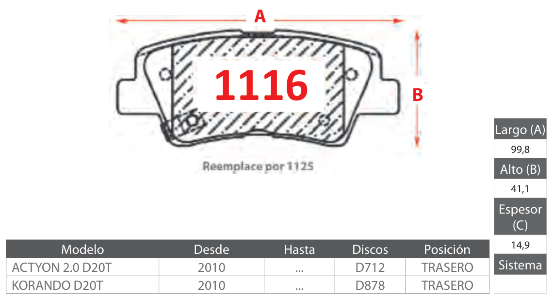 plano_1116_gtx-1 Pastillas de Freno Traseras Baic / Changan / Geely (X55 1.5, X55 PLUS 1.5, CS35 1.6 1.4) - Código 1116 - Imagen 1
