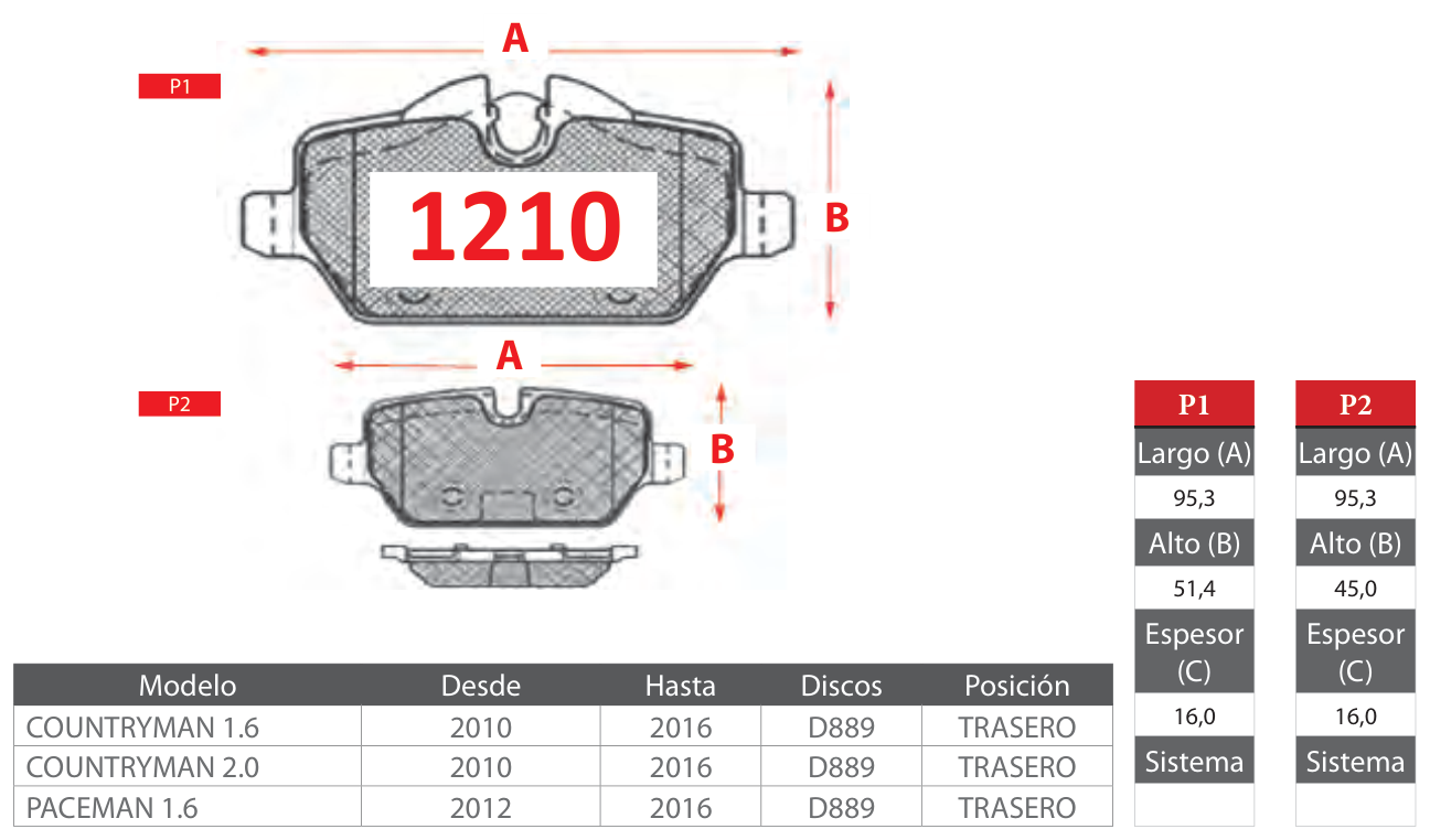 plano_1210_gtx-1 Pastillas de Freno Traseras Mini (COUNTRYMAN 1.6, COUNTRYMAN 2.0, PACEMAN 1.6) - Código 1210 - Imagen 1