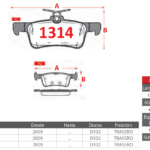 Pastillas de Freno Traseras Peugeot (308 1.2 VTI, 308 1.6 HDI, 308 1.6 THP) - Código 1314