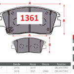 Pastillas de Freno Delanteras Hyundai / Kia (ELANTRA 1.6, TUCSON 2.0 GL / TL, TUCSON III 1.6) - Código 1361