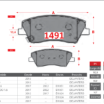 Pastillas de Freno Delanteras Hyundai / Kia (ELANTRA 1.6, ELANTRA 2.0L, I30 1.6) - Código 1491