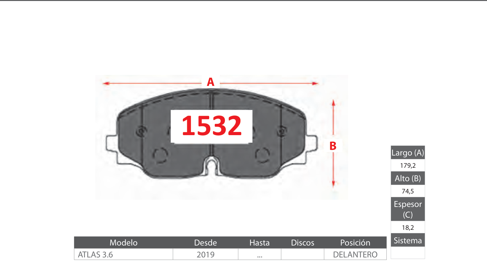 plano_1532_gtx Pastillas de Freno Delanteras Volkswagen (ATLAS 3.6) - Código 1532 - Imagen 1