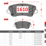 Pastillas de Freno Delanteras Hyundai / Kia (ACCENT V 1.4, ACCENT V 1.6, ACCENT VI MPI 1.5) - Código 1610
