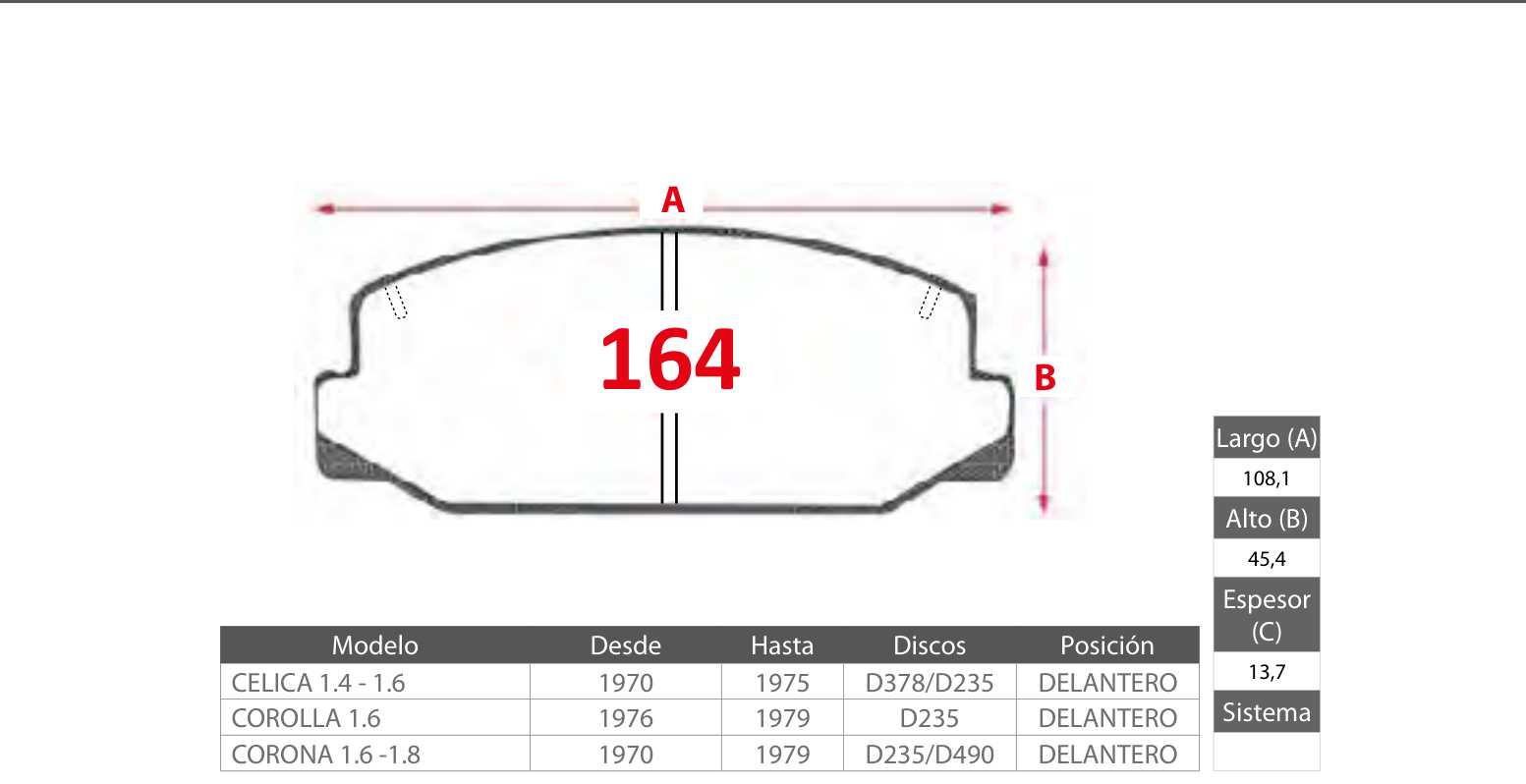 plano_164_gtx Pastillas de Freno Delanteras Honda / Toyota (ACCORD 1.6, CELICA 1.4 - 1.6, COROLLA 1.6) - Código 164 - Imagen 1