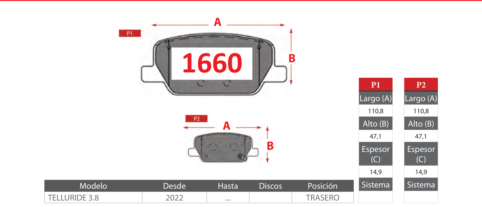 plano_1660_gtx Pastillas de Freno Traseras Hyundai / Kia (PALISADE 2.2, PALISADE 3.5, PALISADE 3.8) - Código 1660 - Imagen 1