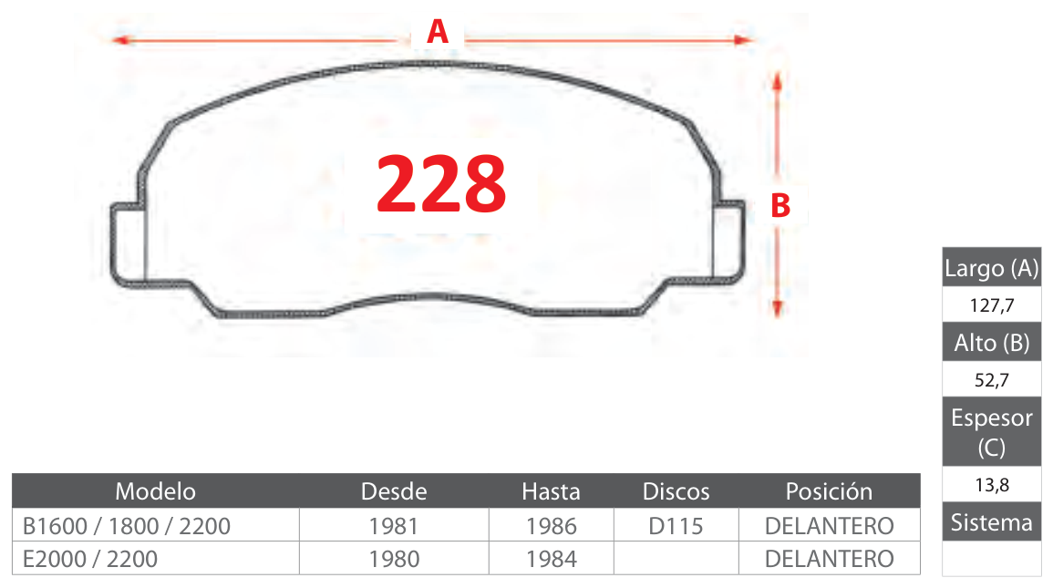 plano_228_gtx Pastillas de Freno Delanteras Mazda (B1600 / 1800 / 2200, E2000 / 2200) - Código 228 - Imagen 1