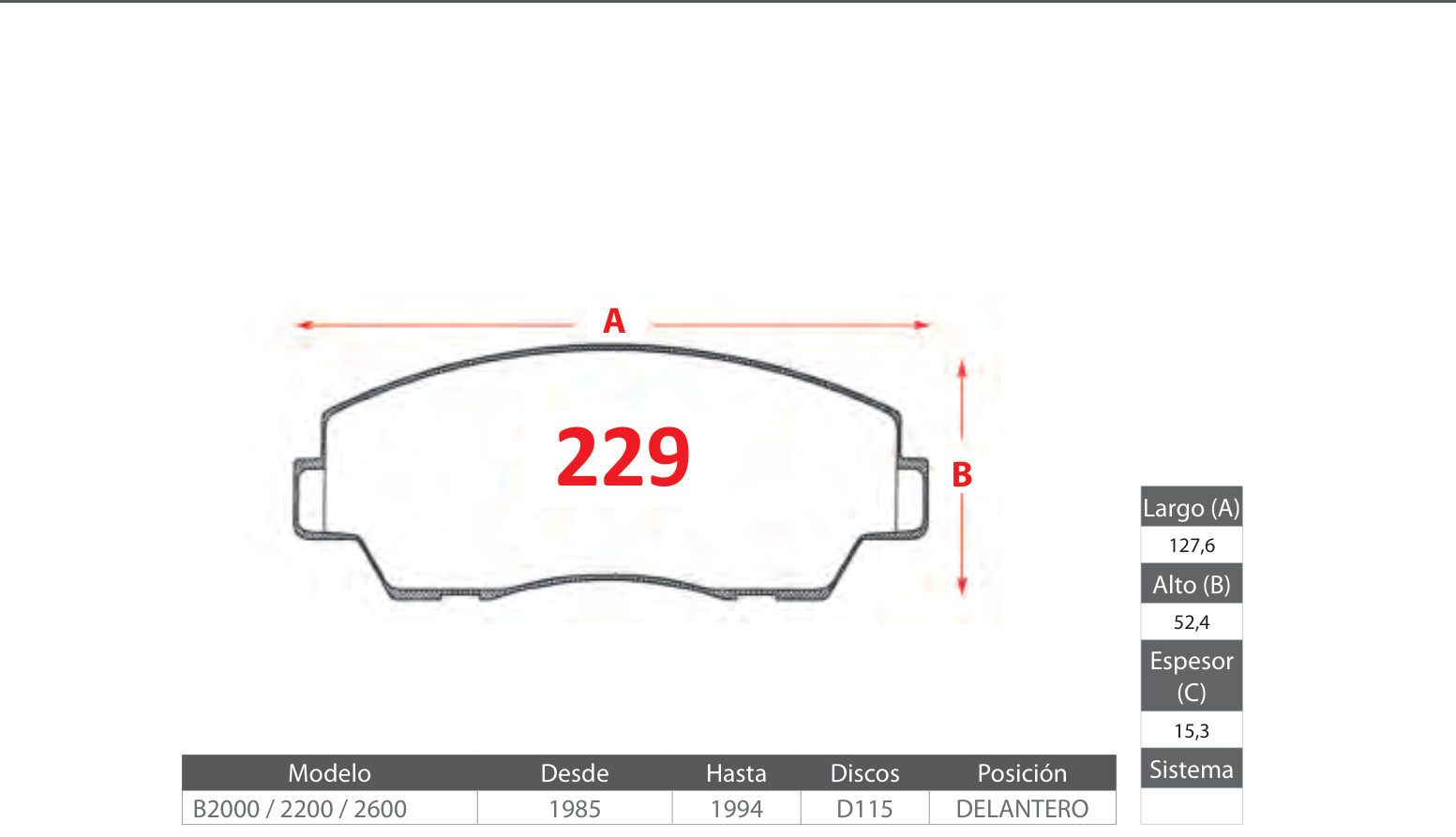 plano_229_gtx Pastillas de Freno Delanteras Mazda (B2000 / 2200 / 2600) - Código 229 - Imagen 1