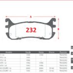 Pastillas de Freno Traseras Mazda (323 1.6, ARTIS 1.6, ARTIS 1.8) - Código 232
