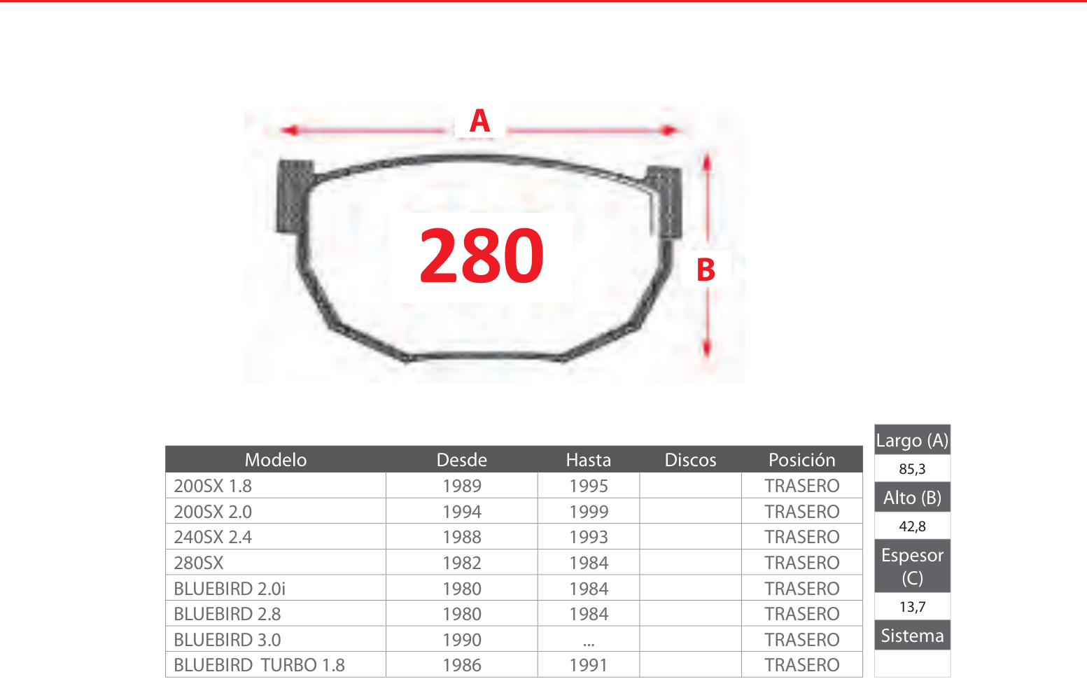 plano_280_gtx Pastillas de Freno Traseras Nissan (200SX 1.8, 200SX 2.0, 240SX 2.4) - Código 280 - Imagen 1