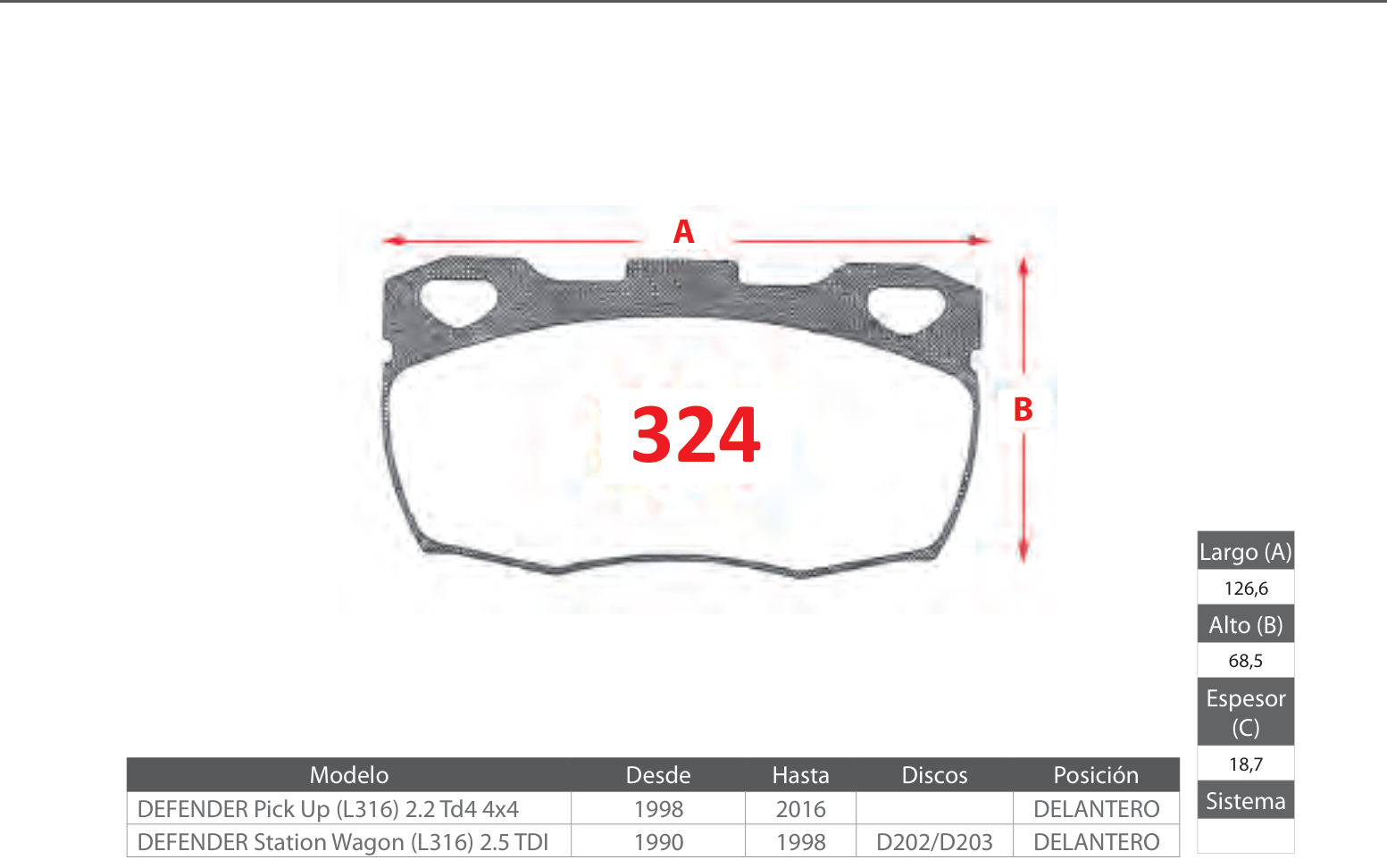 plano_324_gtx Pastillas de Freno Delanteras Land Rover (DEFENDER Pick Up (L316) 2.2 Td4 4x4, DEFENDER Station Wagon (L316) 2.5) - Código 324 - Imagen 1