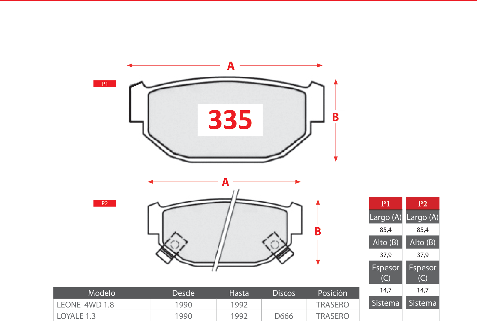 plano_335_gtx Pastillas de Freno Traseras Subaru (LEONE 4WD 1.8, LOYALE 1.3) - Código 335 - Imagen 1