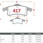 Pastillas de Freno Traseras Jeep (GRAND CHEROKEE 4.0, GRAND CHEROKEE 4.7 V8, GRAND CHEROKEE LAREDO 4.0) - Código 417
