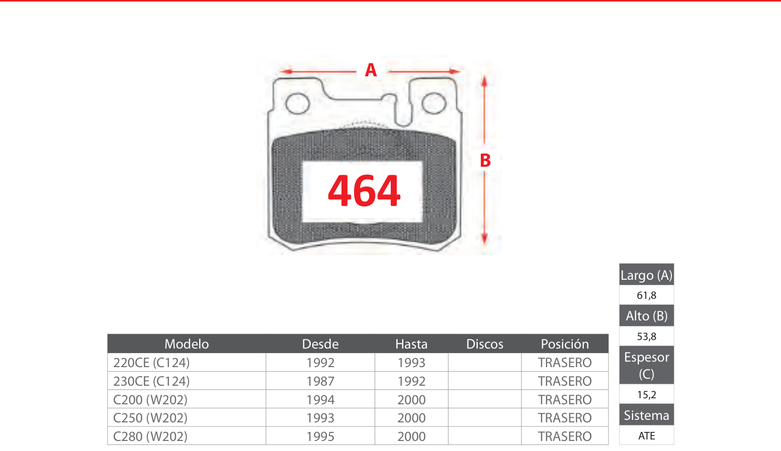 plano_464_gtx Pastillas de Freno Traseras Mercedes Benz (220CE (C124), 230CE (C124), C200 (W202)) - Código 464 - Imagen 1