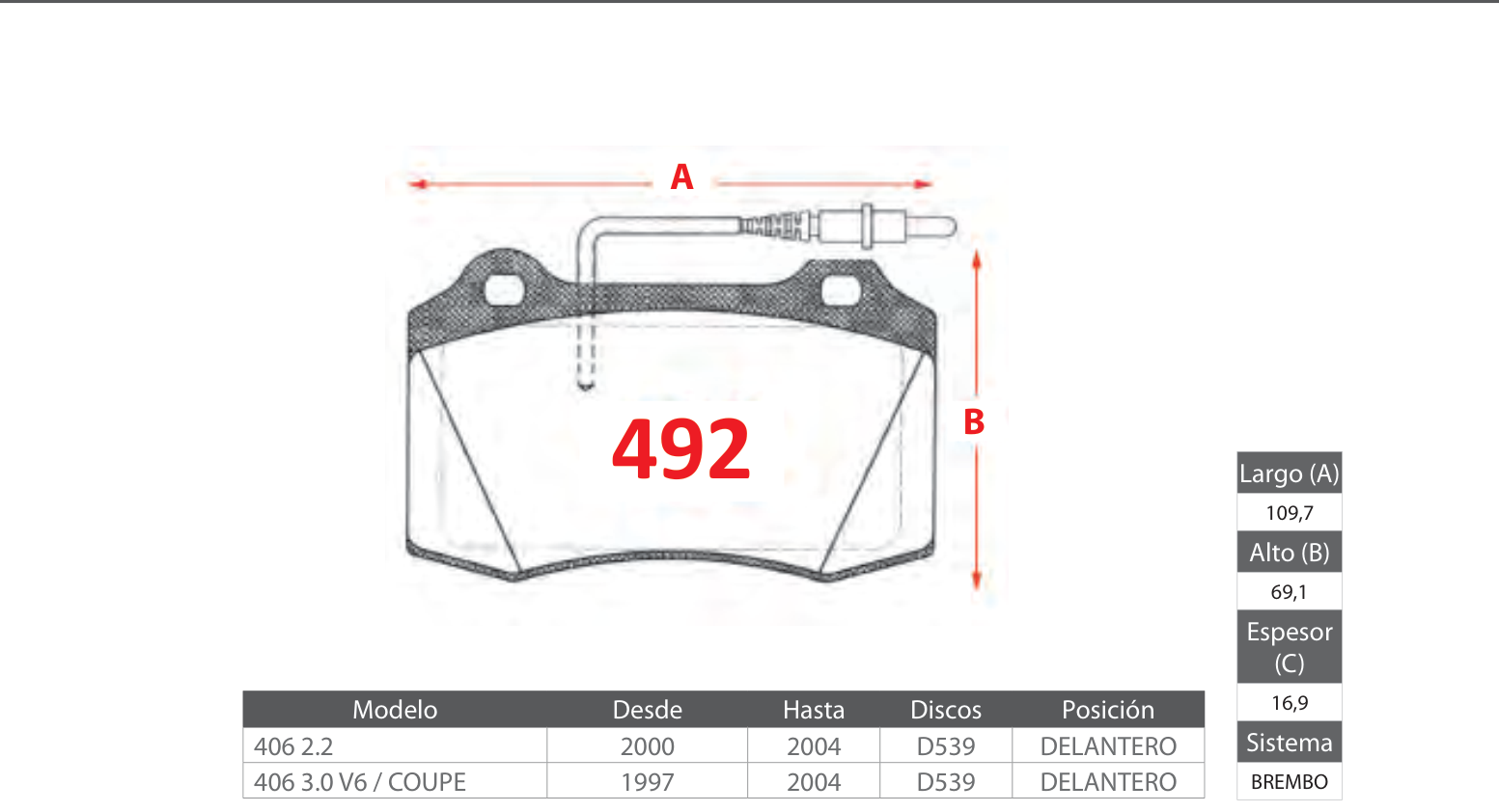 plano_492_gtx Pastillas de Freno Delanteras Peugeot (406 2.2, 406 3.0 V6 / COUPE) - Código 492 - Imagen 1