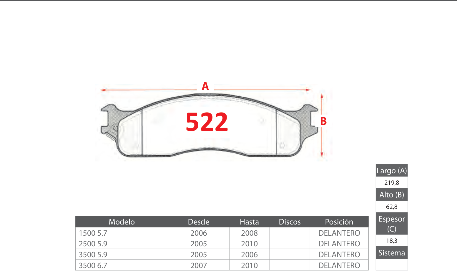 plano_522_gtx Pastillas de Freno Delanteras Dodge / Ram (RAM 1500 5.7, RAM 2500 5.9, RAM 3500 5.9) - Código 522 - Imagen 1