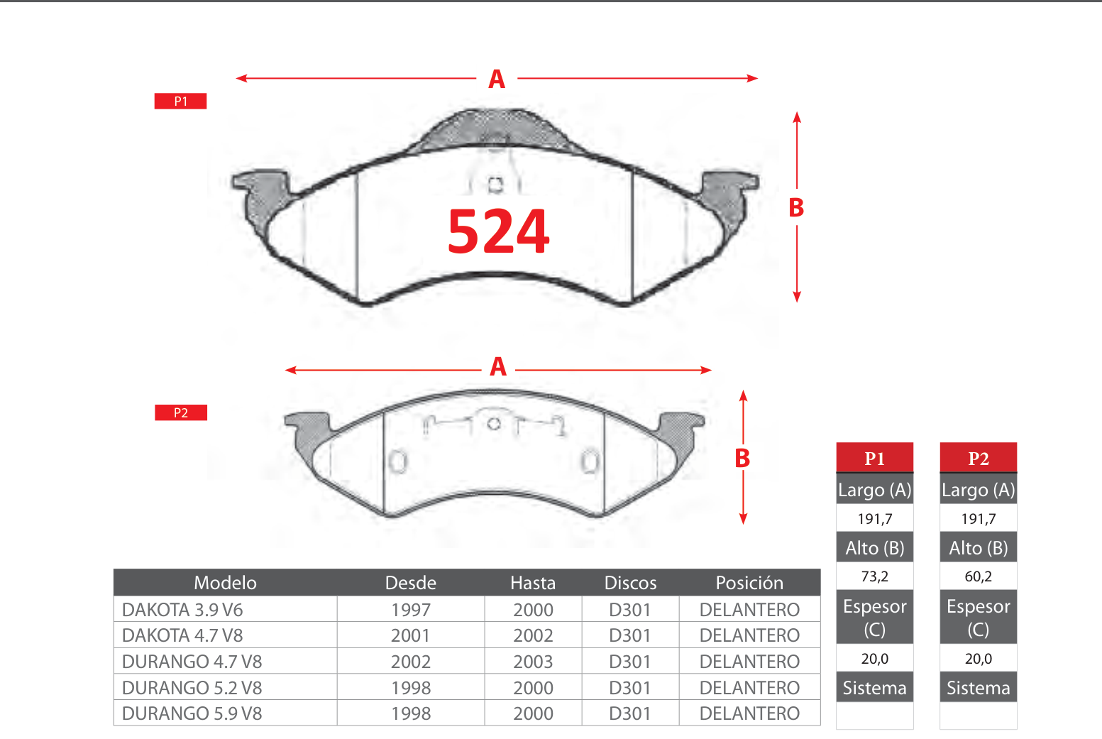 plano_524_gtx Pastillas de Freno Delanteras Dodge (DAKOTA 3.9 V6, DAKOTA 4.7 V8, DURANGO 4.7 V8) - Código 524 - Imagen 1