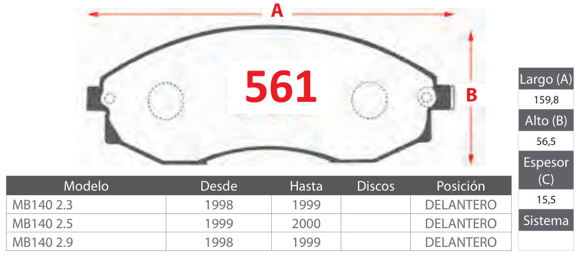 plano_561_gtx Pastillas de Freno Delanteras Mercedes Benz (MB140 2.3, MB140 2.5, MB140 2.9) - Código 561 - Imagen 1