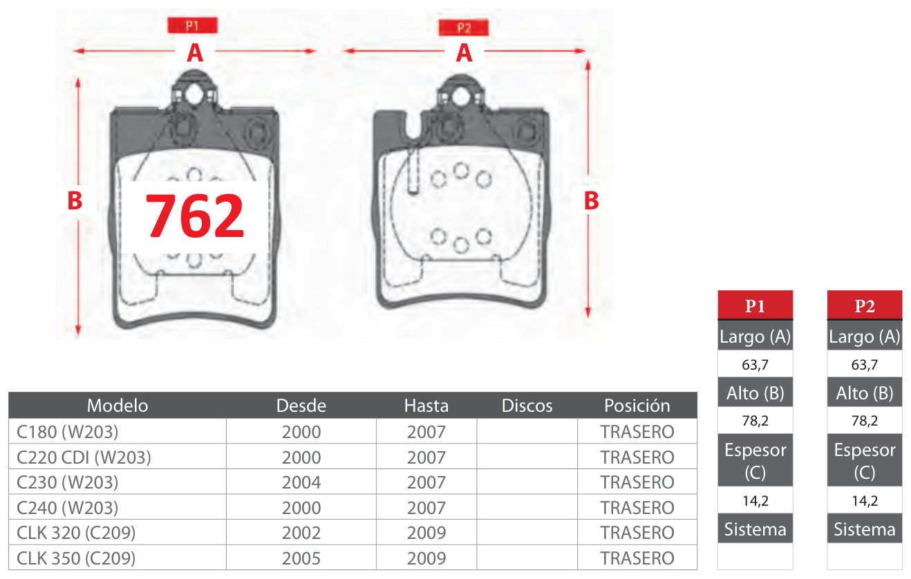 plano_762_gtx Pastillas de Freno Traseras Mercedes Benz (C180 (W203), C220 CDI (W203), C230 (W203)) - Código 762 - Imagen 1