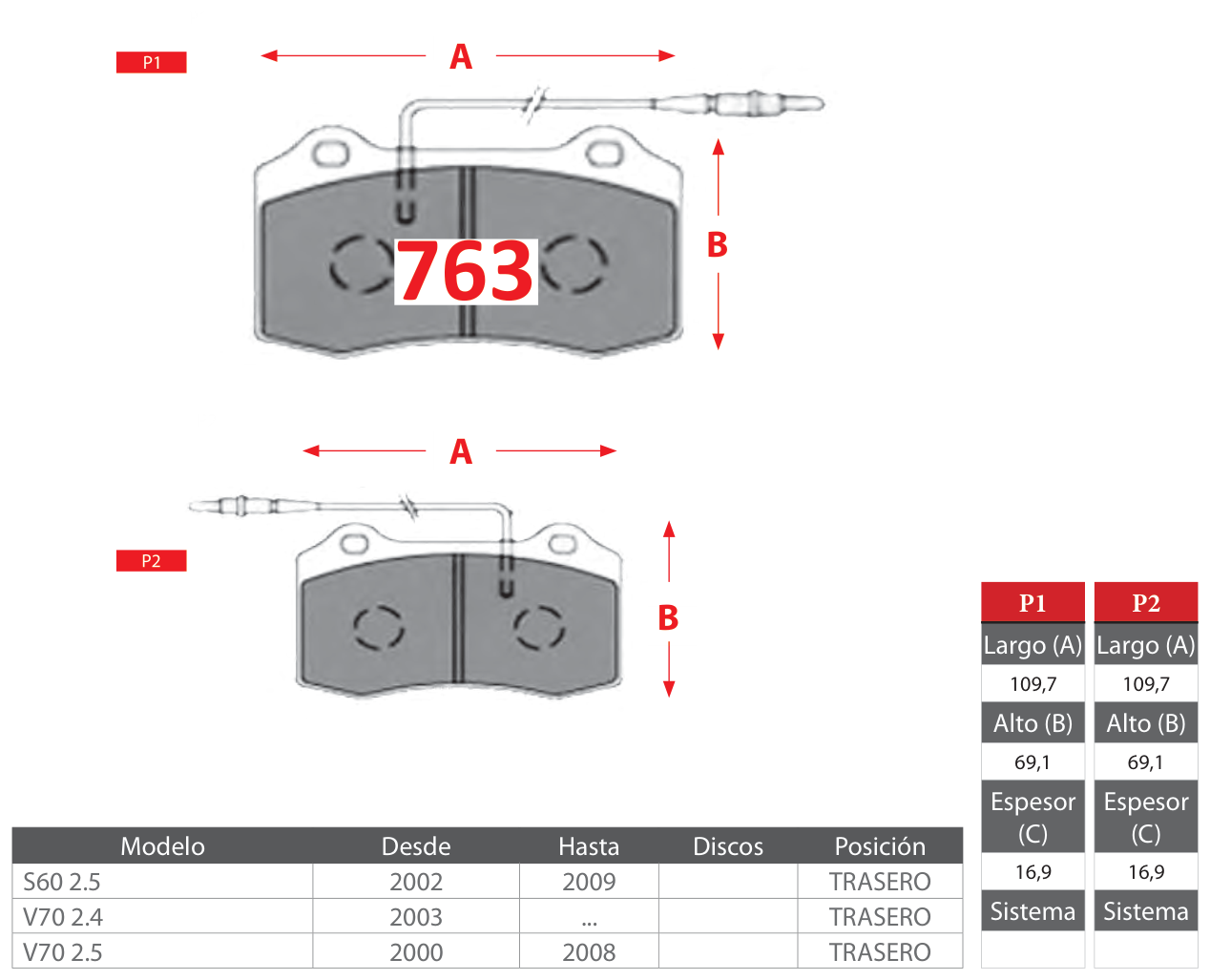 plano_763_gtx Pastillas de Freno Traseras Jaguar / Volvo (X-TYPE 2.0, X-TYPE 2.5, X-TYPE 3.0) - Código 763 - Imagen 1