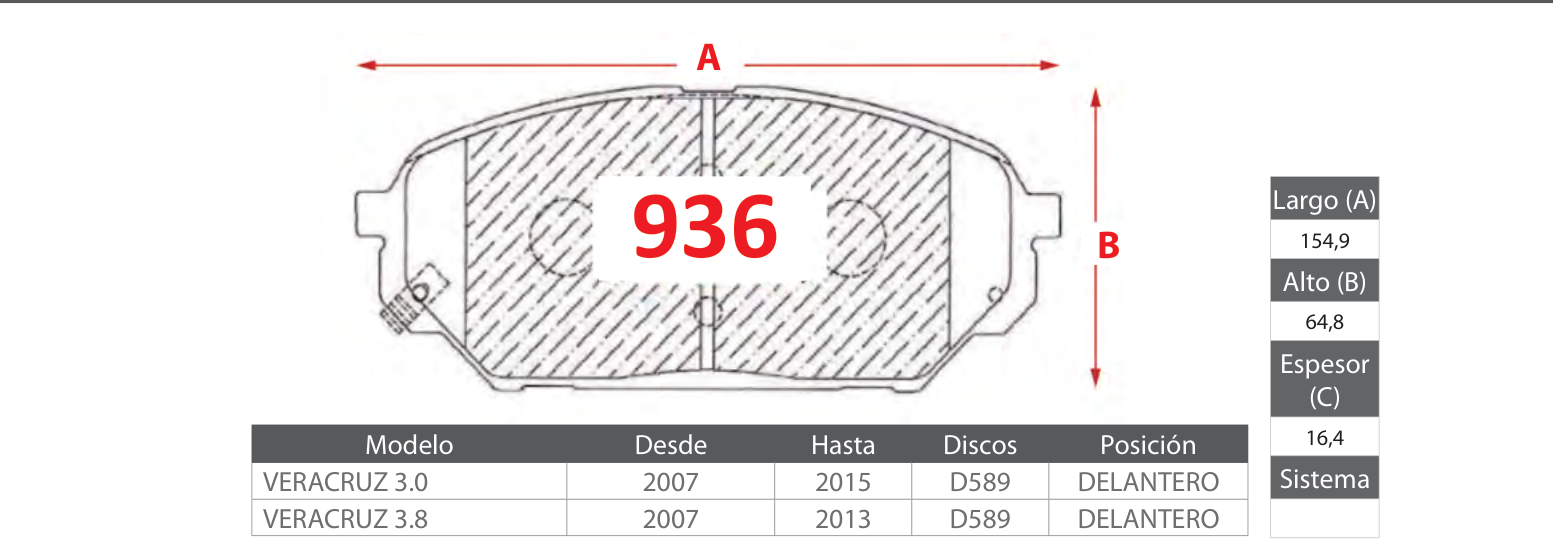 plano_936_gtx Pastillas de Freno Delanteras Hyundai (VERACRUZ 3.0, VERACRUZ 3.8) - Código 936 - Imagen 1