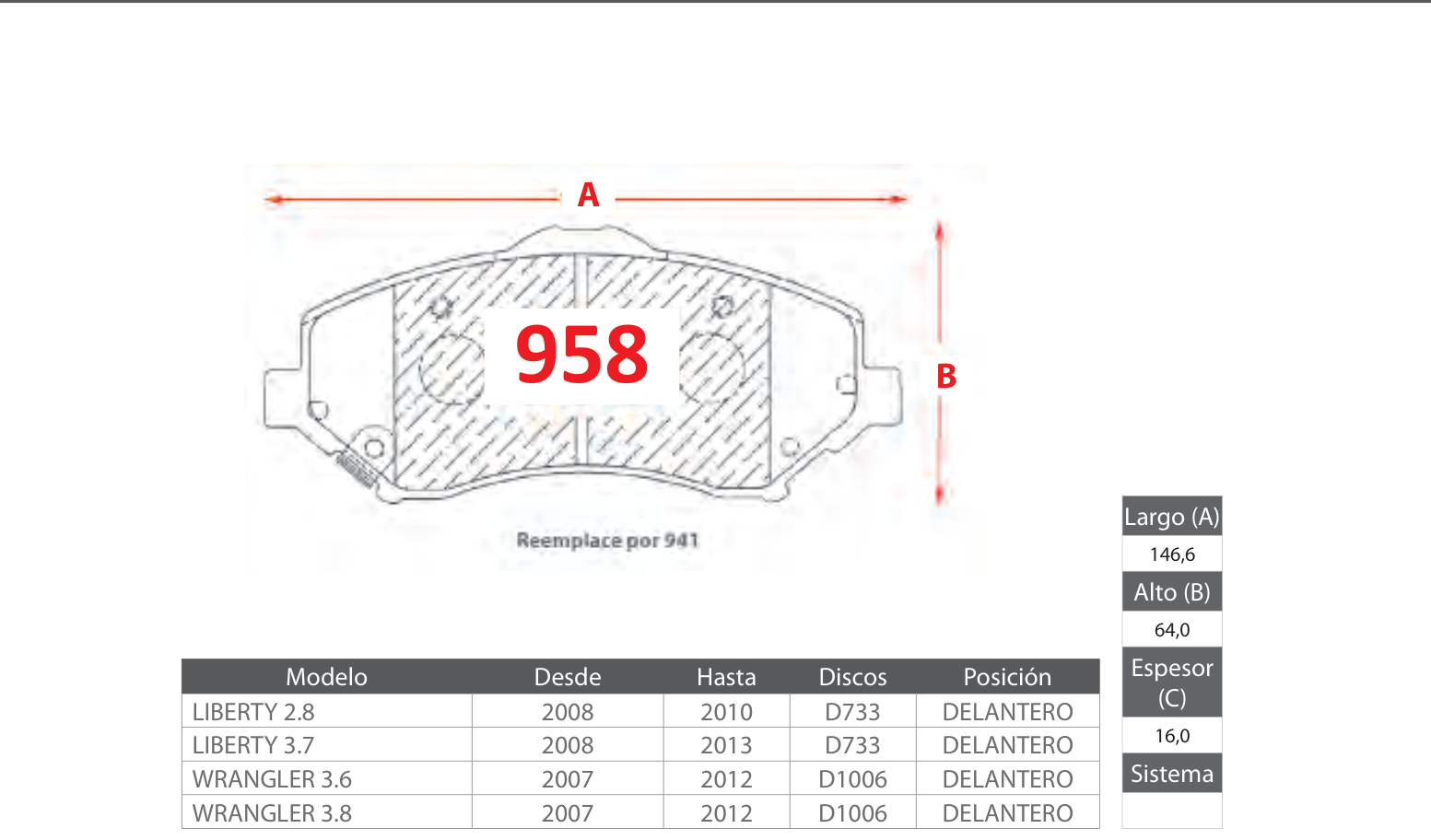 plano_958_gtx Pastillas de Freno Delanteras Chrysler / Dodge / Jeep (TOWN COUNTRY 2.8, TOWN COUNTRY 3.6, TOWN COUNTRY 3.8) - Código 958 - Imagen 1