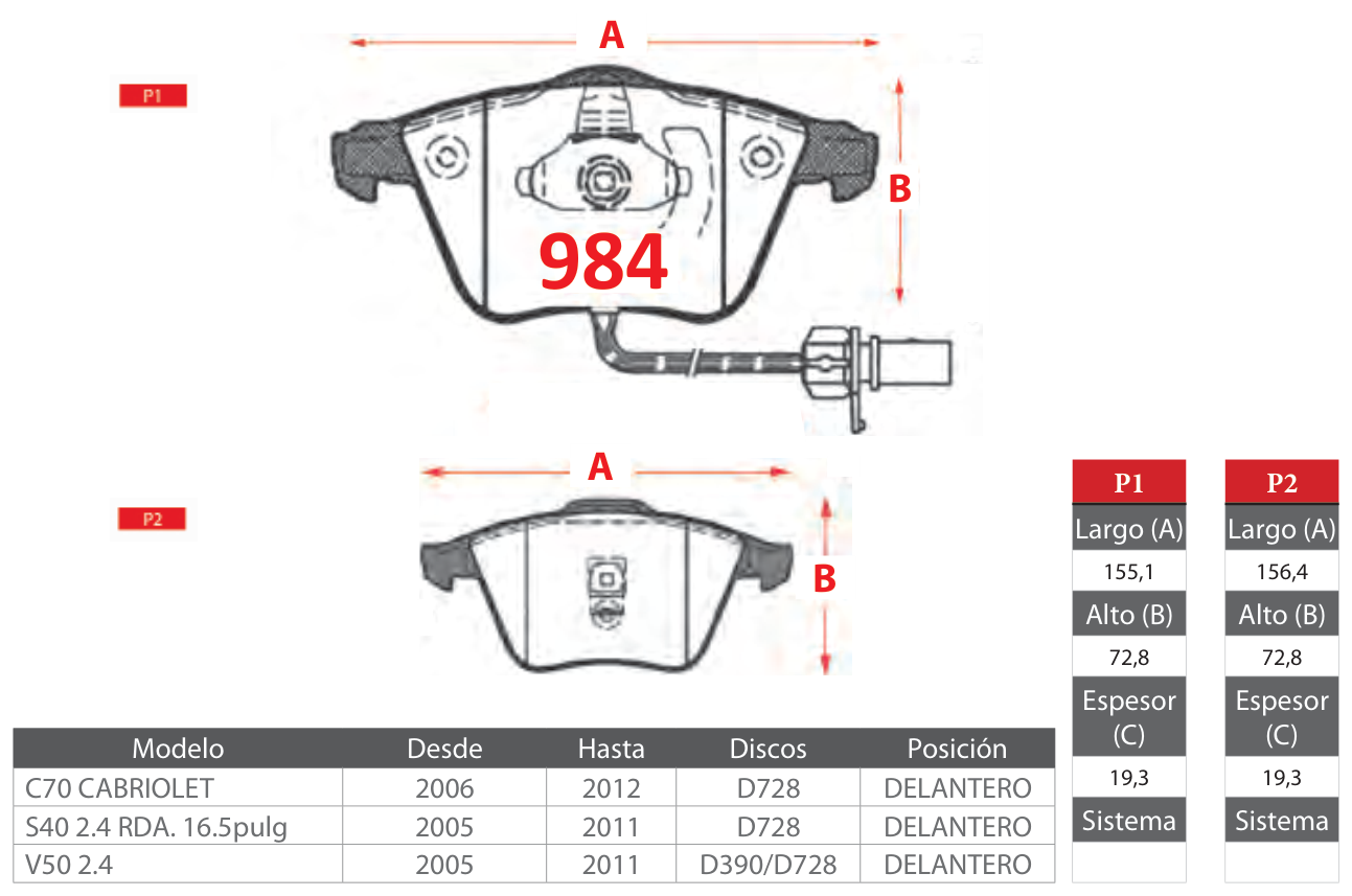 plano_984_gtx Pastillas de Freno Delanteras Audi / Volkswagen / Volvo (A4 2.0, A4 QUATTRO, A6 4.2) - Código 984 - Imagen 1