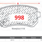 Pastillas de Freno Traseras Hyundai / Kia / Mazda (I30 1.6, I30 2.0, KONA CRDI 1.6) - Código 998